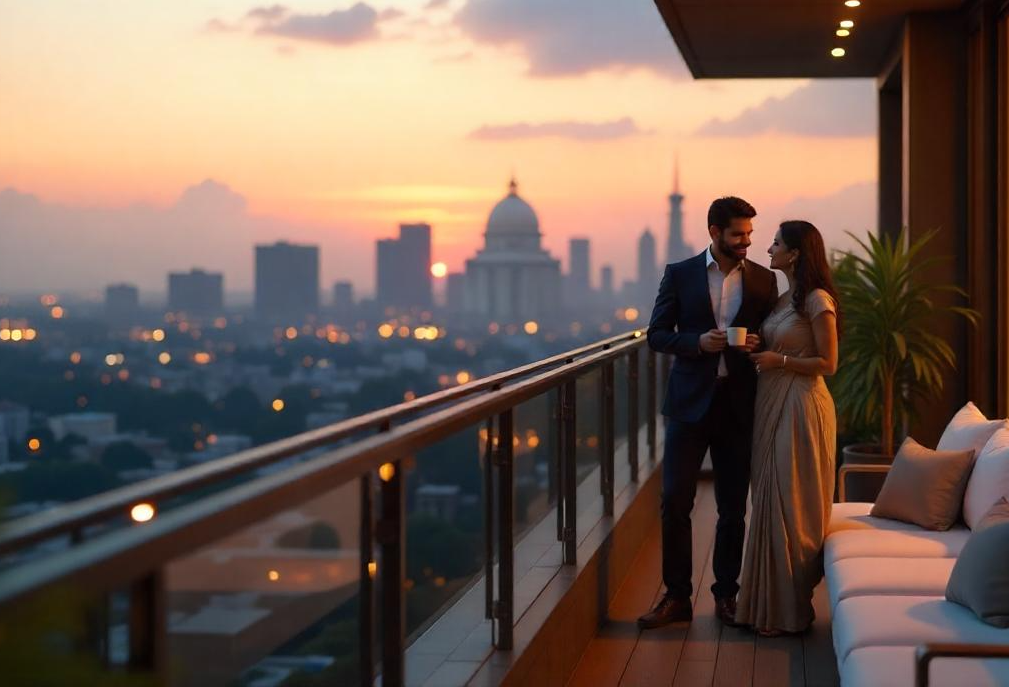 Couple standing on balcony overlooking city skyline at sunset with warm lighting and modern outdoor furniture